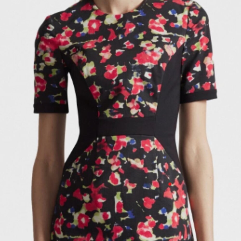 French Connection Black and Red Floral Mini Dress, size 10 crew neck